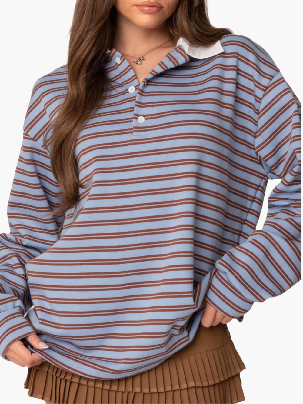 Edikted Stripe Long Sleeve Oversize Polo Fall Oversized Small